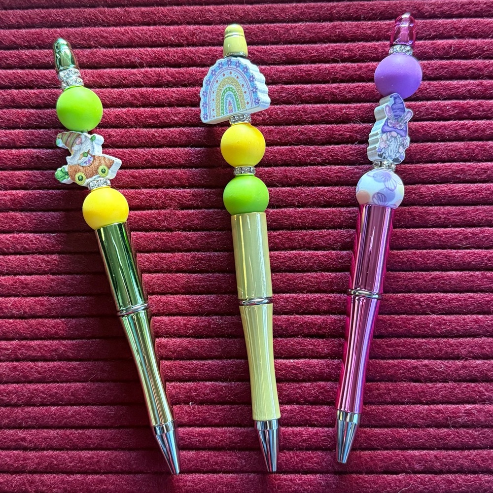 Handcrafted set of 3 gnomes and rainbows beaded pens
